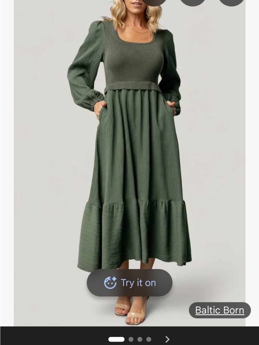 Baltic Born Olive Green Long Puff Sleeve Maxi Dress with Pockets